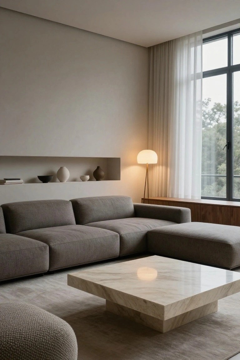 Minimalist living room interior with gray L-shaped sofa, white travertine coffee table, tripod floor lamp, sheer curtains on large window, recessed plaster wall niche holding ceramic bowls and vases, and beige rug.