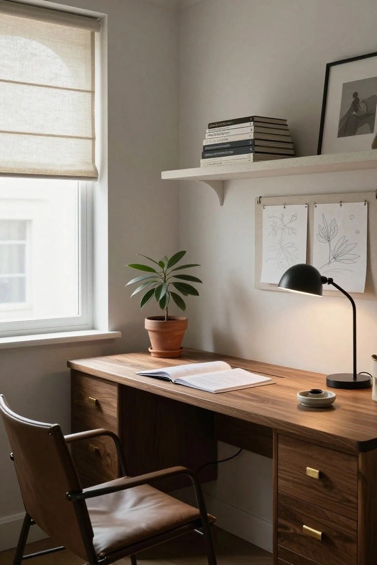 A minimalist home office corner with a large wooden desk featuring brass drawer pulls, an open book on top, a black gooseneck lamp, a white ceramic dish, a brown leather chair, a potted plant, floating shelves with books, two line drawings on the wall, and a window with sheer roller blinds.