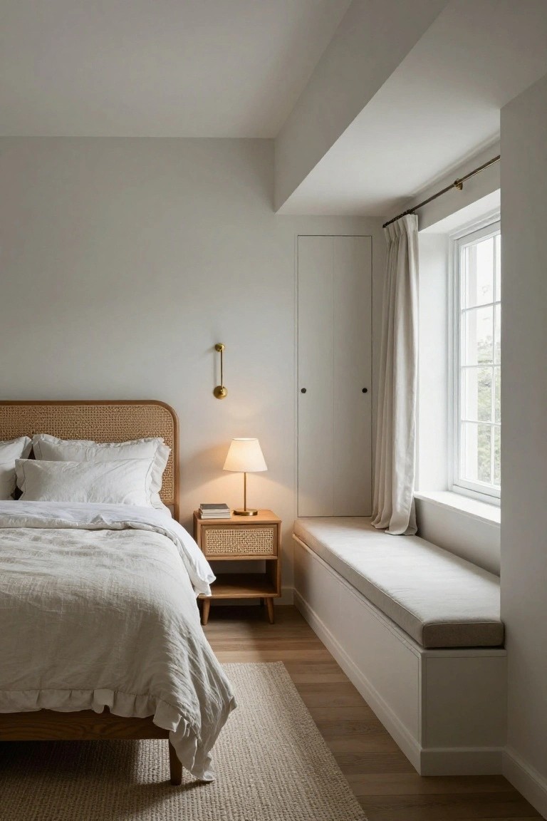 Light bedroom interior with rattan headboard bed, wicker nightstand and lamp, built-in white window bench with cushion under a large window with sheer curtains.