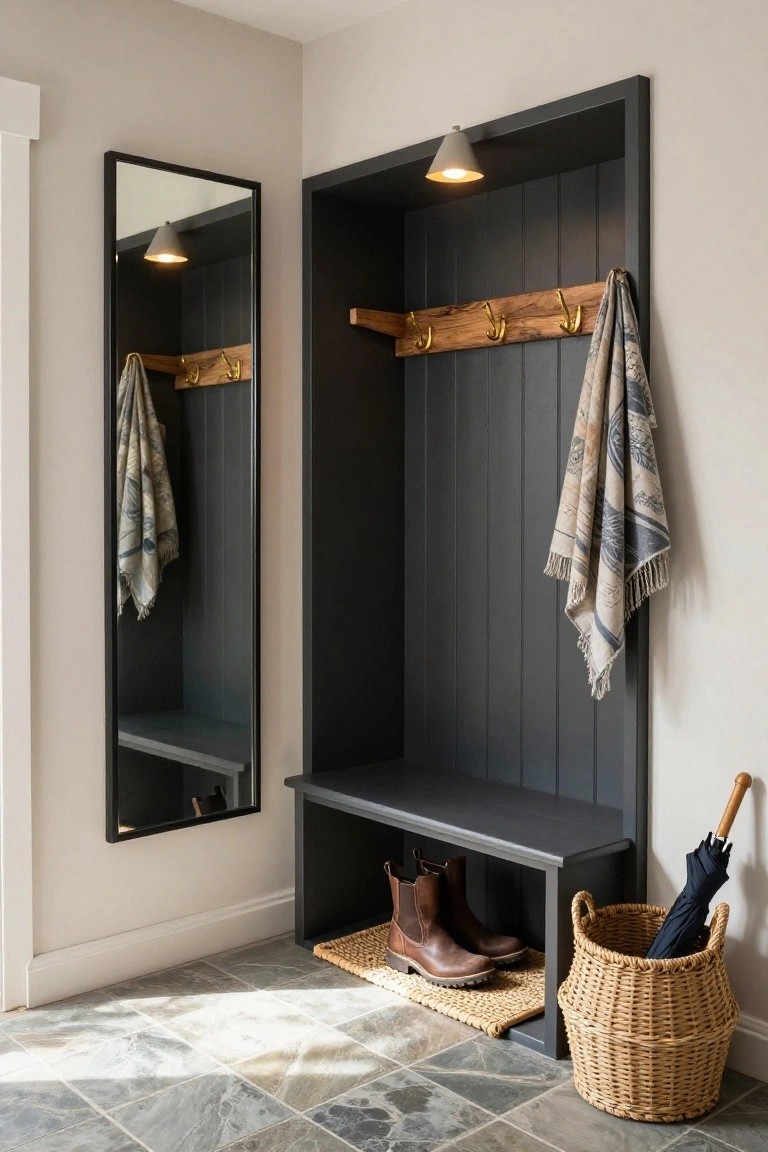 Entryway interior with dark gray paneled walls, built-in wooden coat hooks holding scarves, a matching bench with brown boots underneath, full-length black-framed mirror, wicker basket with umbrellas, and light gray slate tile floor.