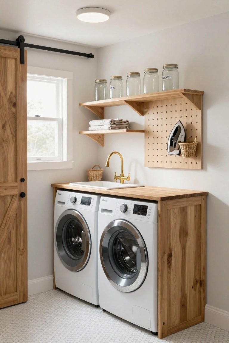 Laundry room with two white front-loading washers and dryers inside a wooden cabinet base topped by a light wood countertop and white utility sink with gold faucet, flanked by oak barn doors, wall shelves holding glass jars, and pegboard with iron and basket.