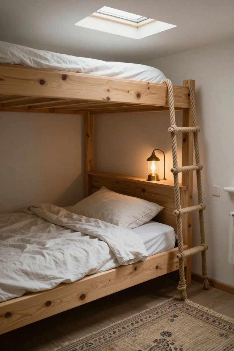 Wooden bunk bed with knotted rope ladder on the right side for upper bunk access, lower bed with white bedding, brass lantern lamp on built-in wooden shelf, skylight in ceiling above, white walls and wood floor in room.