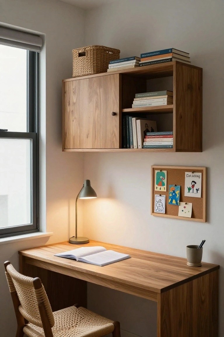 A cozy indoor corner workspace with a wooden desk holding an open notebook and pencils in a ceramic mug, a rattan chair, wall-mounted wooden shelves stocked with books and a wicker basket, a green-shade desk lamp lit up, a corkboard with pinned artwork, and a window with roller shade on a white wall.