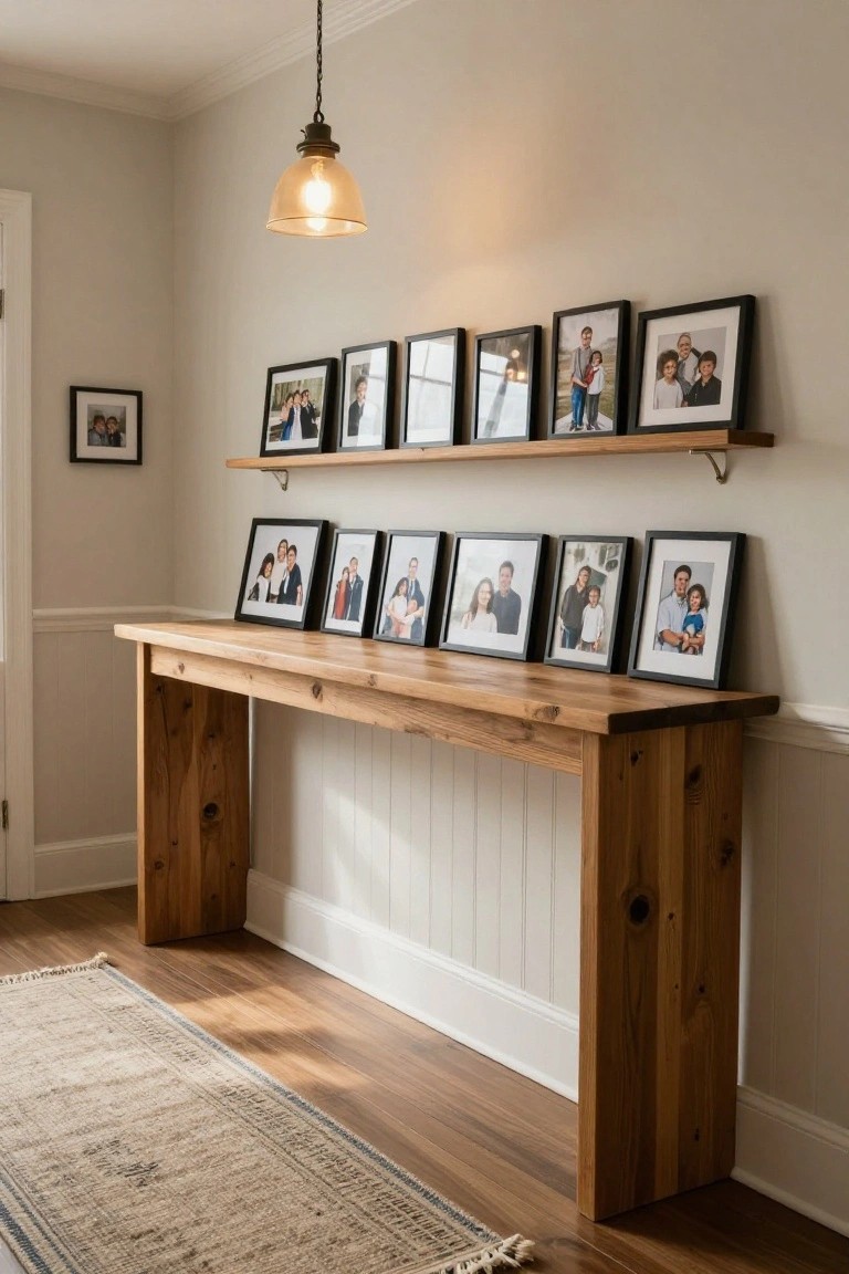 Narrow wooden console table against a white wainscoted wall in a hallway, with multiple black-framed family photos displayed on the tabletop and on floating shelves above, under a hanging pendant light.