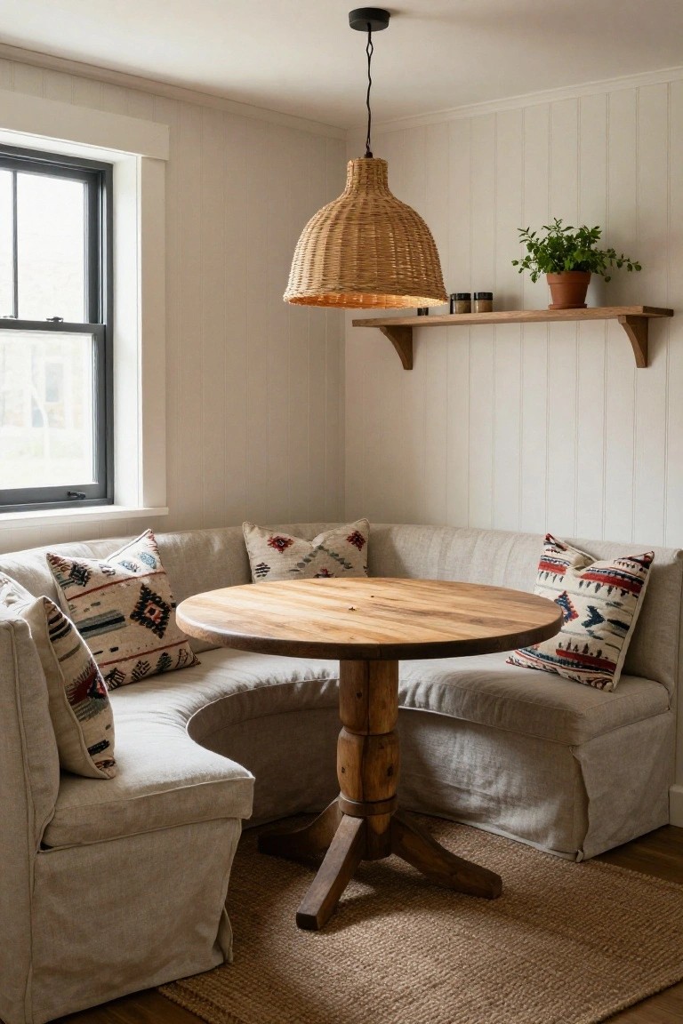 Corner booth with curved linen benches and colorful pillows around a round wooden pedestal table in a white shiplap-walled room with black window, rattan pendant light, and shelf with plant.