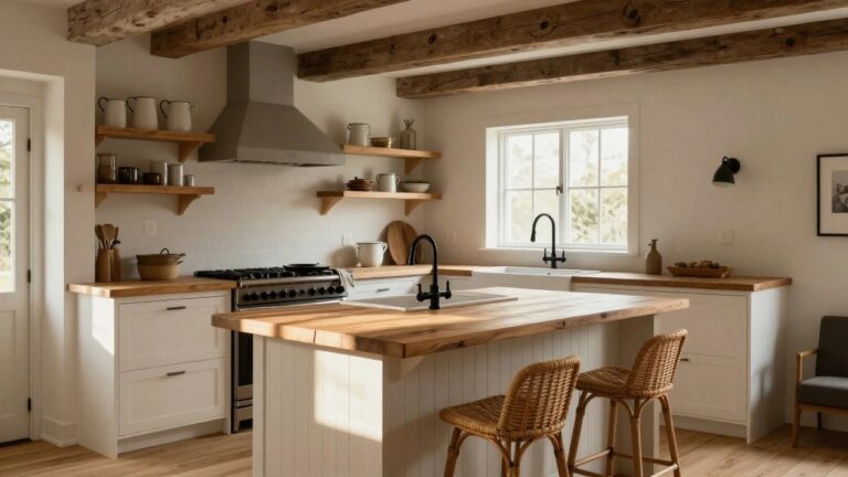 A bright modern farmhouse kitchen with white shaker cabinets, a prominent wooden center island with rattan stools, farmhouse sink, open wooden shelves with pottery and plants, gas stove, and window overlooking trees.