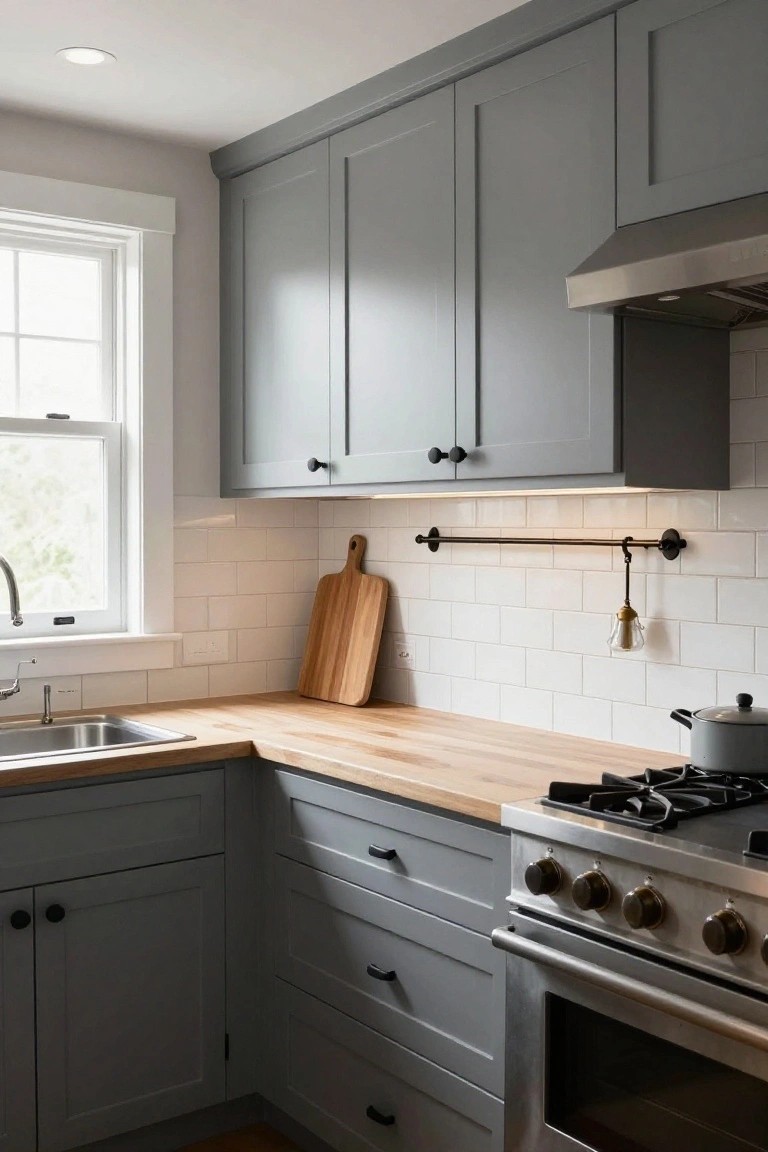 Corner view of a small kitchen with light gray shaker cabinets, light wood butcher block countertops, white subway tile backsplash, stainless steel sink and gas range, and a window with natural light.