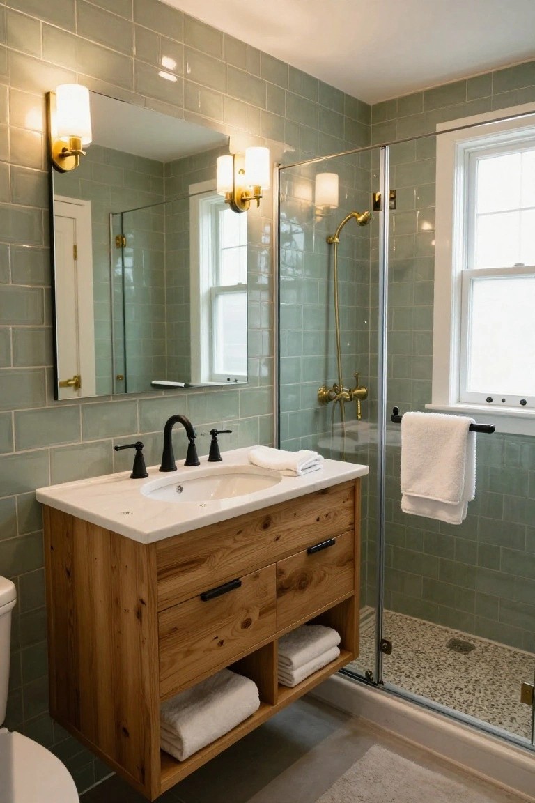 Small bathroom with pale green subway tile walls, floating wooden vanity with drawers and open towel shelf, glass shower enclosure with gold fixtures, white sink, toilet, and towels.