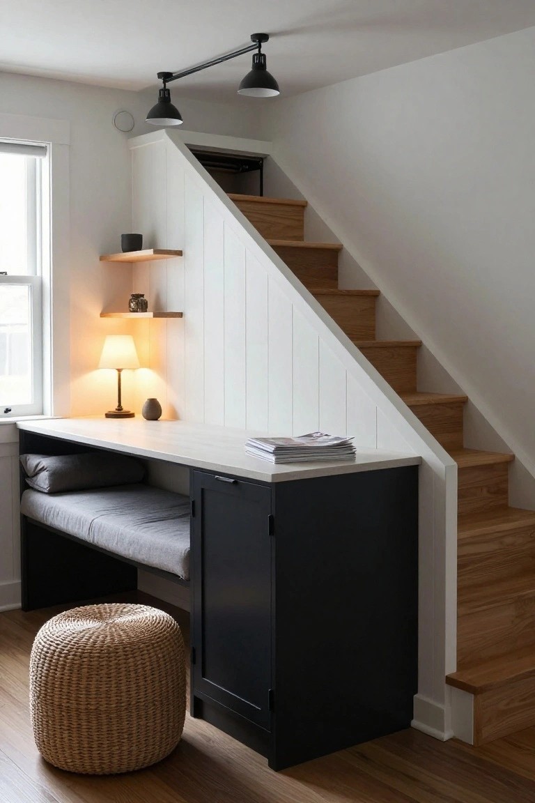 Built-in white desk with gray daybed cushion and black cabinets under oak stairs in a white shiplap room with floating shelves, table lamp, and wicker pouf on wood floor.