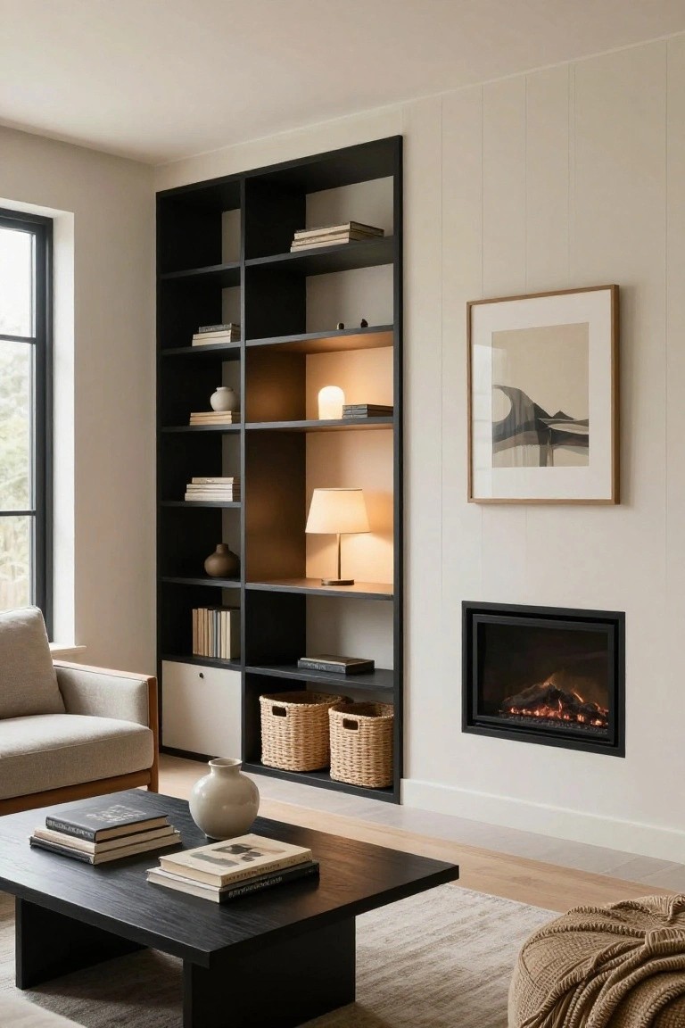 Open Black Shelves Beside the Fireplace