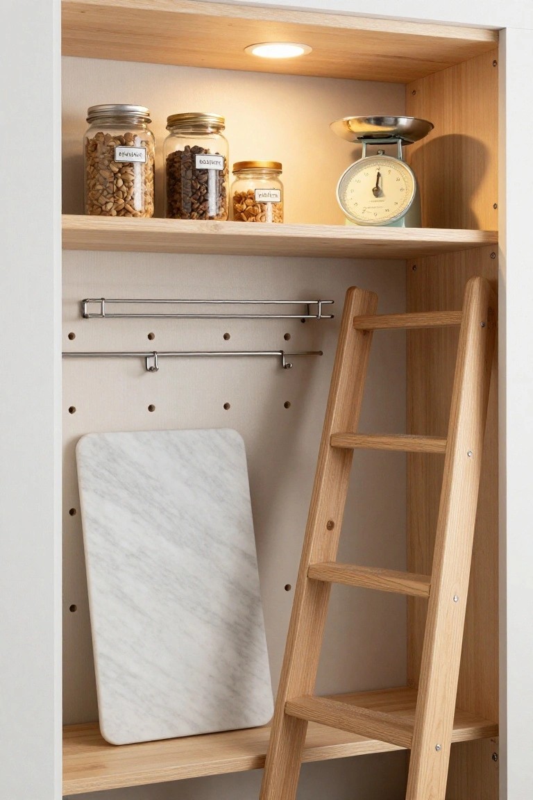 Open wooden pantry cabinet with shelves holding glass jars of nuts and coffee beans, a metal kitchen scale, small jar of spices, marble cutting board, stainless towel rail, and wooden sliding ladder on the right side.