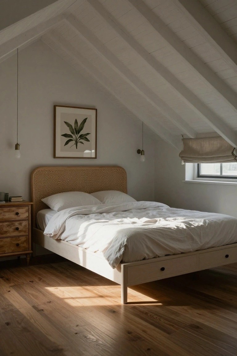 Rattan Headboard in a Light Attic Bedroom