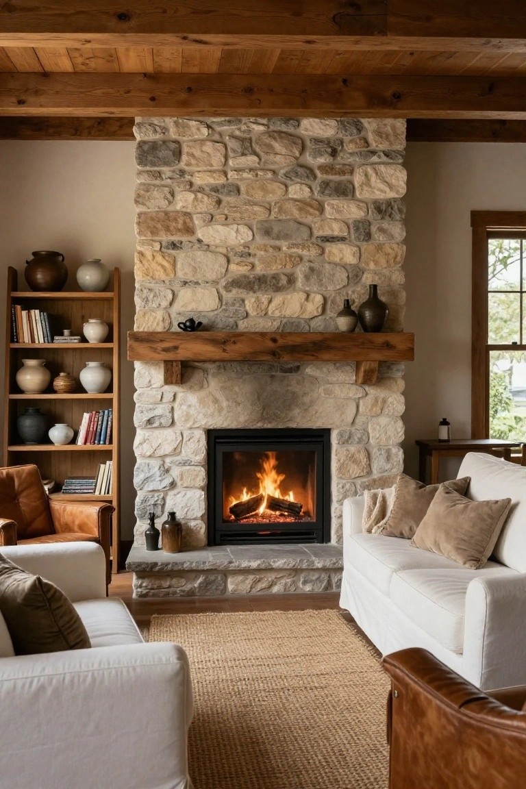 Living room interior with tall gray stone fireplace, wooden beam ceiling and mantel, wooden bookshelves with ceramics and books, white sofas, tan leather armchair, seagrass rug, and window view.