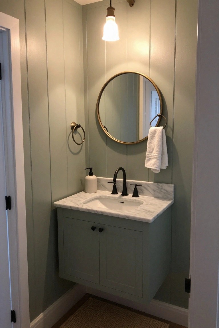 A small corner bathroom with pale green vertical shiplap walls, wall-mounted sage green vanity with white marble top and black gooseneck faucet, round gold mirror, brass towel ring with white towel, and wall sconce light.