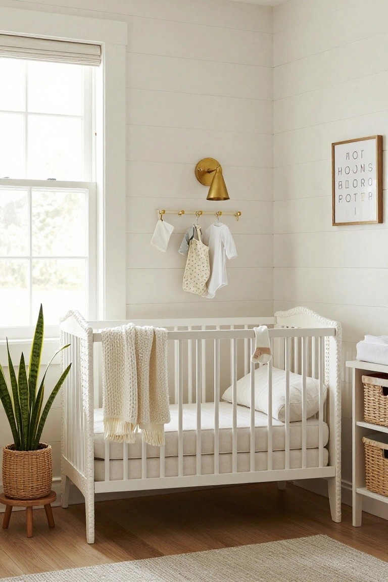 White wooden crib with scalloped headboard and knit blankets in a corner nursery featuring horizontal shiplap walls, gold hanging rail with baby clothes and bibs, potted snake plant, and window with linen shade.