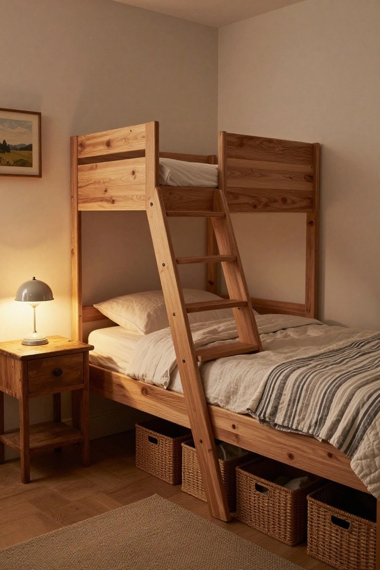 Wooden bunk bed with ladder in corner of bedroom, wicker storage baskets under bottom bunk, wooden nightstand with lamp, neutral bedding, and beige walls.