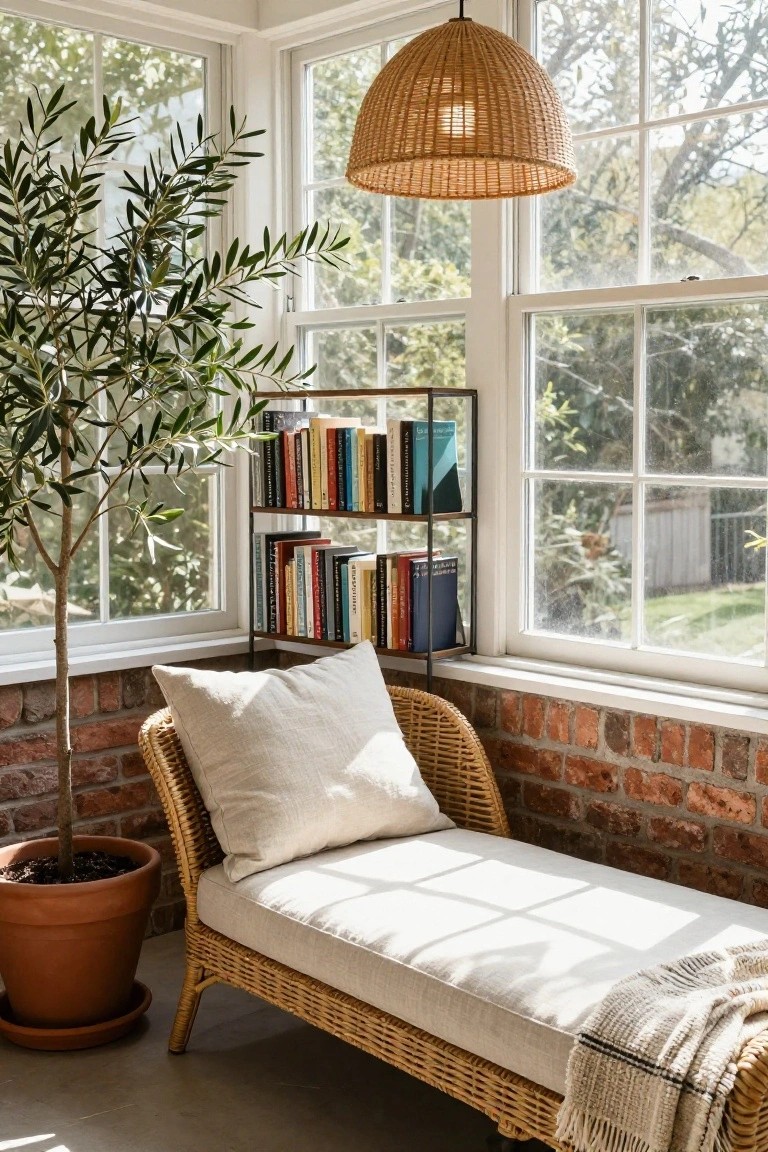 Sunroom interior with large windows, brick walls, rattan chaise lounge with white cushions and throw blanket, olive tree in terracotta pot, metal bookshelves filled with books, and woven pendant light overhead.