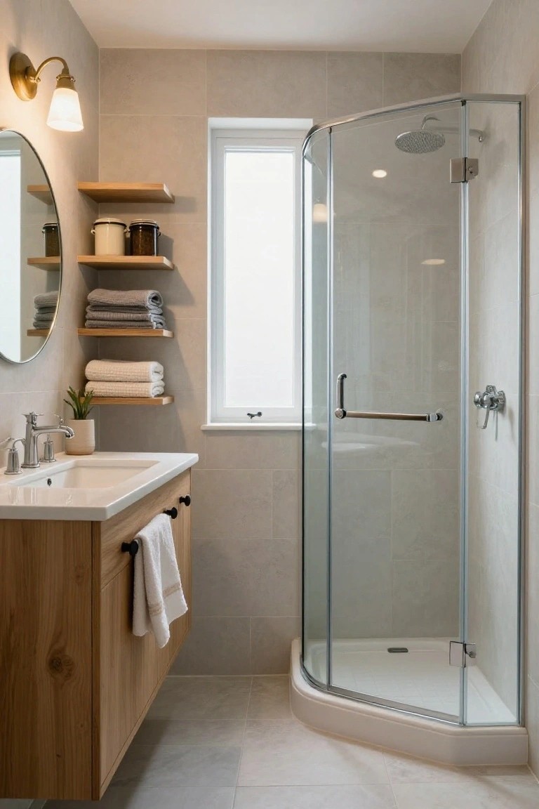Compact modern bathroom with light gray tile walls and floor, curved glass corner shower enclosure, light wood vanity cabinet with white sink and draped towel, open wooden shelves with folded towels and jars, round mirror, and wall-mounted faucet.