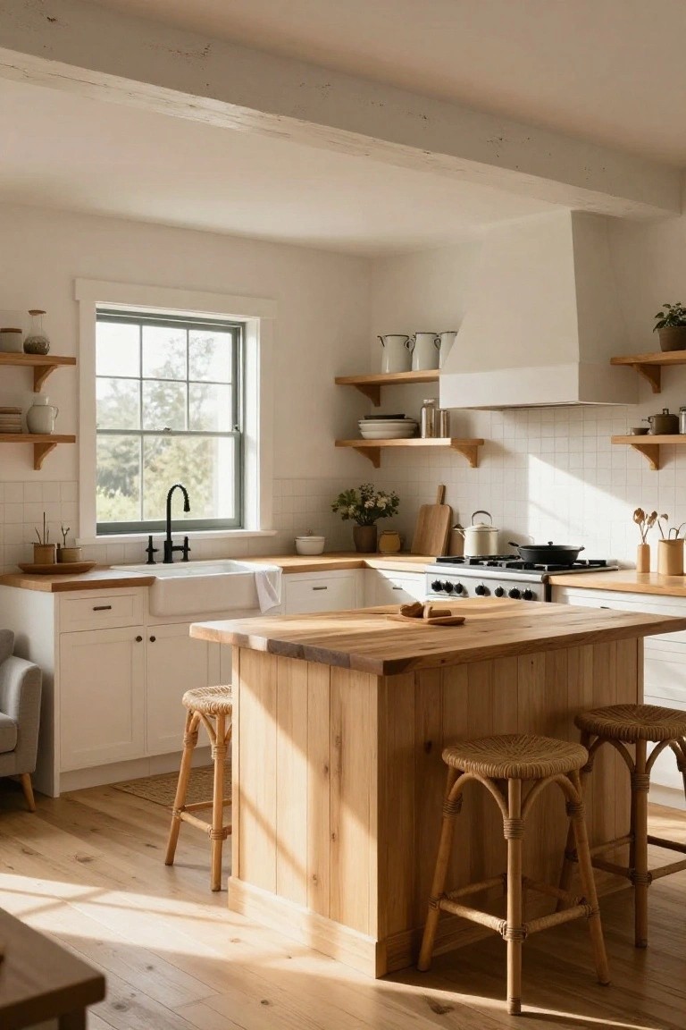 A bright modern farmhouse kitchen with white shaker cabinets, a prominent wooden center island with rattan stools, farmhouse sink, open wooden shelves with pottery and plants, gas stove, and window overlooking trees.