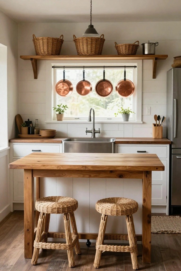 Small farmhouse kitchen interior with white shiplap walls, wooden center island, two rattan bar stools, hanging copper pots by the window, stainless steel sink, and wooden shelves with baskets.