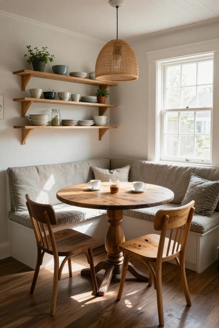 Light-filled kitchen corner with built-in beige upholstered benches wrapping around a round wooden pedestal table, two wooden chairs, open wooden shelves holding pottery and plants, rattan pendant lamp, and large window.