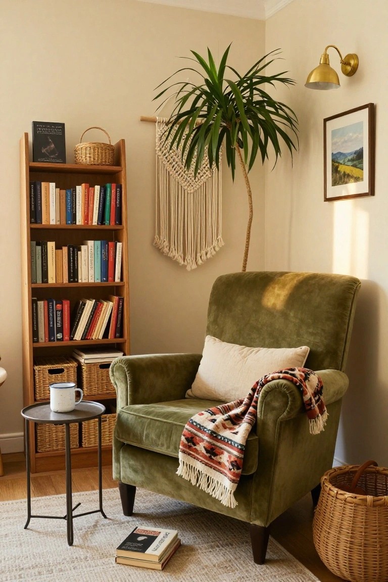 Interior corner with wooden bookshelves filled with colorful books, green velvet armchair with white pillow and multicolored throw blanket, potted palm plant, macrame wall hanging, side table with ceramic mug, woven baskets, and seagrass rug.