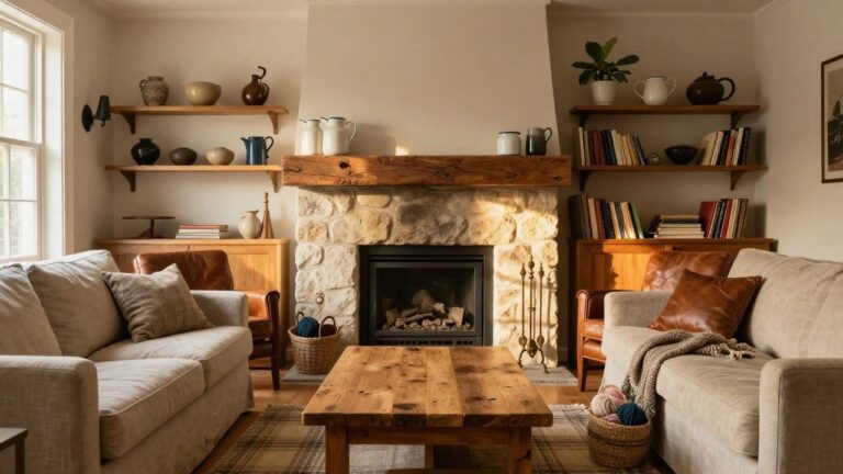 Living room with rustic stone fireplace flanked by wooden built-in shelves and cabinets filled with books, pottery, and plants, beige linen sofa, leather armchair, wooden coffee table, wool rug, and large fiddle leaf fig plant by window.
