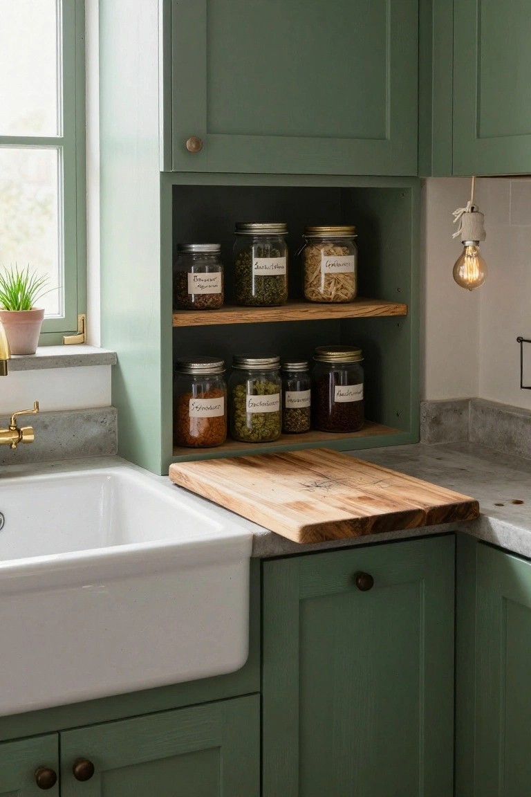 Kitchen corner featuring sage green cabinets with open wooden shelves displaying labeled glass jars of spices, herbs, and grains, next to a white farmhouse sink and wooden cutting board on concrete countertop.
