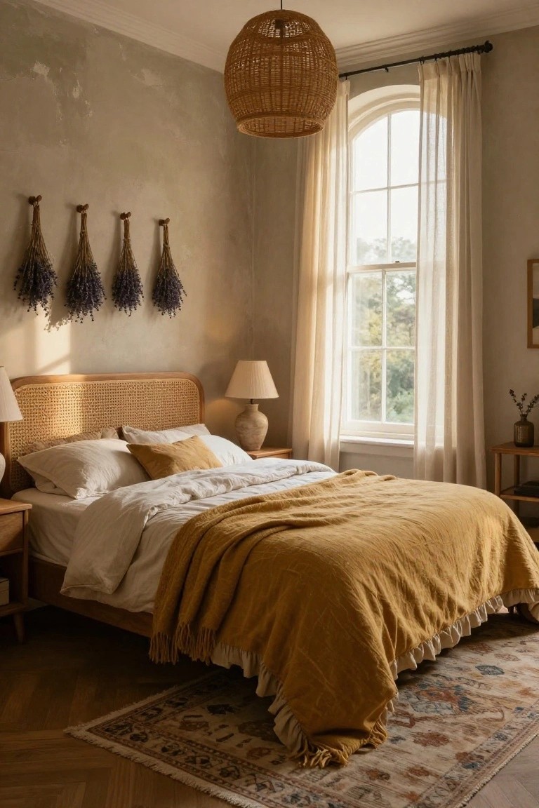 Sunlit bedroom corner with rattan headboard bed topped by white bedding and yellow fringed throw, dried lavender bundles on beige wall, arched window with sheer curtains, and bedside lamps.