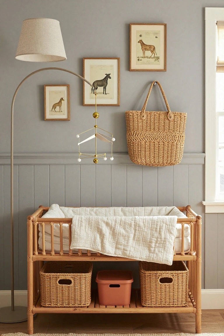 A light gray paneled room featuring a rattan wood changing table dresser with white linens, open shelves holding wicker baskets and a plastic bin, an arc floor lamp, framed botanical dog illustrations on walls, a hanging wicker bag, and a geometric ceiling light fixture.