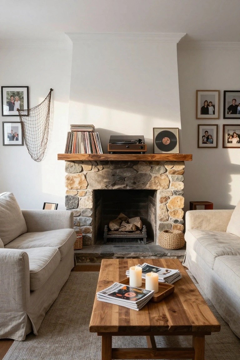 A living room with a rustic stone fireplace featuring a wooden mantel holding stacked vinyl records and a turntable, flanked by two beige linen sofas and a wooden coffee table with magazines and candles.
