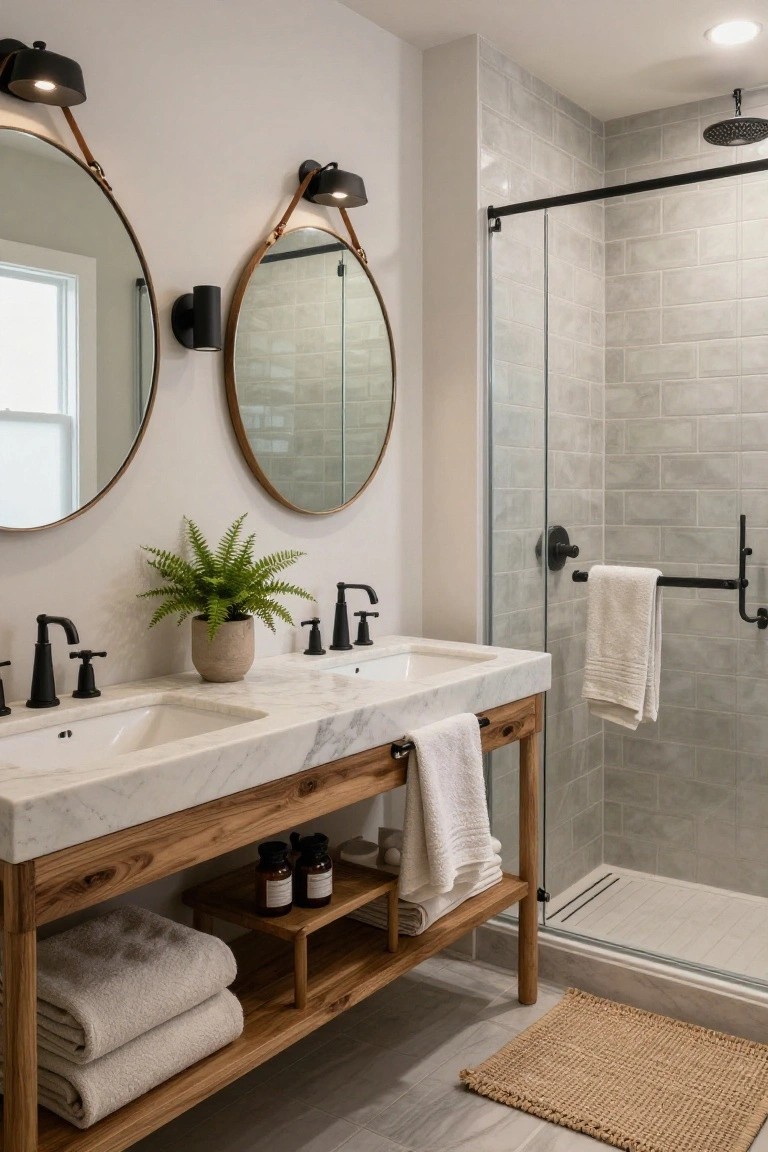 Bathroom interior with double wooden vanity topped by white marble sinks, matte black faucets, two round mirrors with leather strap hangers, potted fern, folded towels on open shelves, and adjacent glass shower with gray subway tile walls.