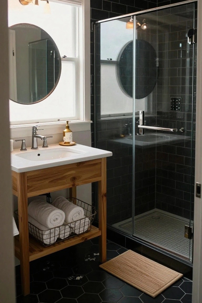 Bathroom with light wood vanity under round mirror and window, white sink, gold soap dispenser, stacked white towels in wire basket on shelf, glass shower enclosure with black subway tile walls, and black hexagonal floor tiles with seagrass rug.