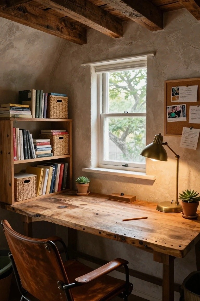 Small attic home office with wooden bookshelves holding books and wicker baskets, rugged wooden desk topped with a lamp and pencil, leather chair, potted plants, corkboard, and window showing green trees outside.