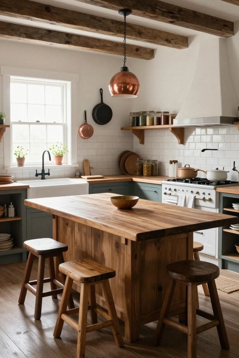 A rustic kitchen with a large wooden island and stools at center, sage green cabinets, white subway tile backsplash, farmhouse sink, exposed beam ceiling, and copper pendant light.
