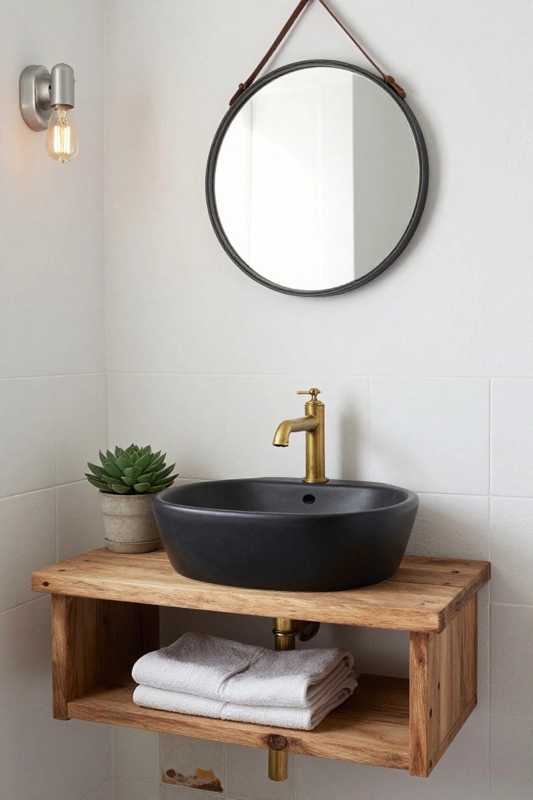 Corner bathroom vanity with black matte vessel sink on wall-mounted oak wood shelf, gold bridge faucet, potted succulent nearby, folded white towels stored underneath, round black-framed mirror hung by leather strap, and exposed bulb wall light against white tiled walls.