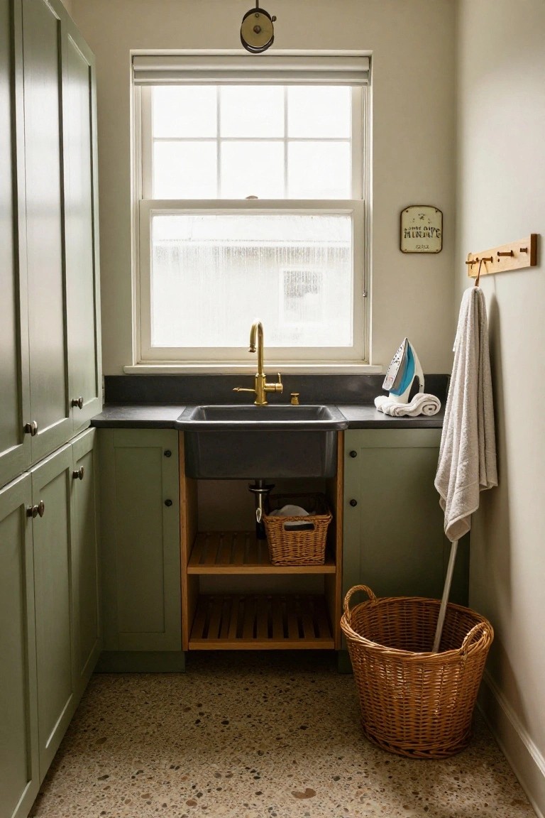 Narrow interior laundry room with sage green shaker-style cabinets, black farmhouse sink on corner countertop, open wood shelving, ironing board, towels on hooks, and tall wicker basket with mop on speckled terrazzo floor.