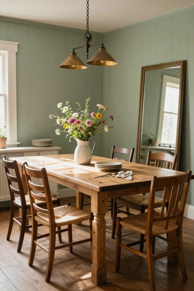 Dining room featuring sage green paneled walls, a large rectangular wooden table with rush-seat chairs, stacked plates and napkin on the table, a white pitcher of wildflowers, brass pendant light, tall mirror, and sideboard.