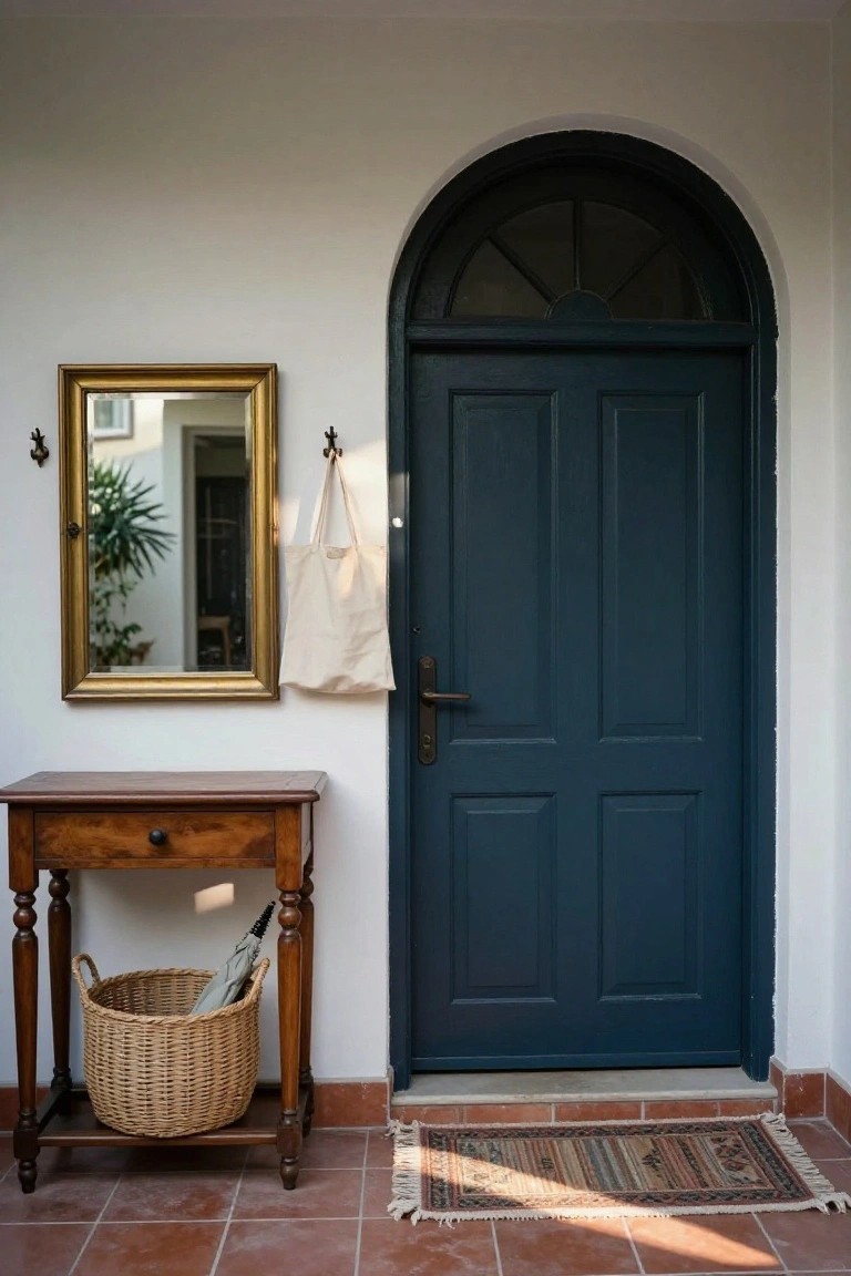 Dark blue paneled front door with arched window and brass handle next to white wall, gold-framed mirror hanging on hooks with canvas tote bag, wooden console table with drawer holding woven basket and gray umbrella, patterned rug on terracotta tile entry.