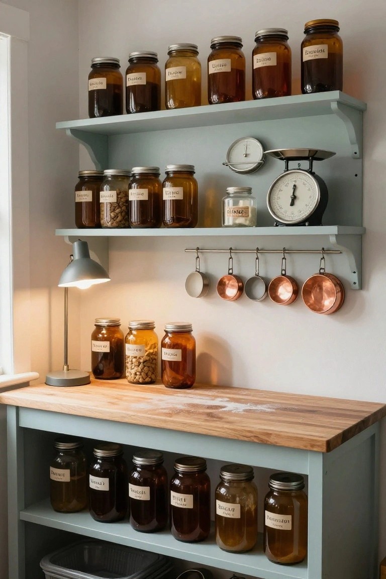 Teal open shelving unit in a kitchen pantry area stocked with numerous labeled brown and clear glass jars containing dry goods and spices, wooden countertop below, hanging copper pots, scale, and desk lamp nearby.