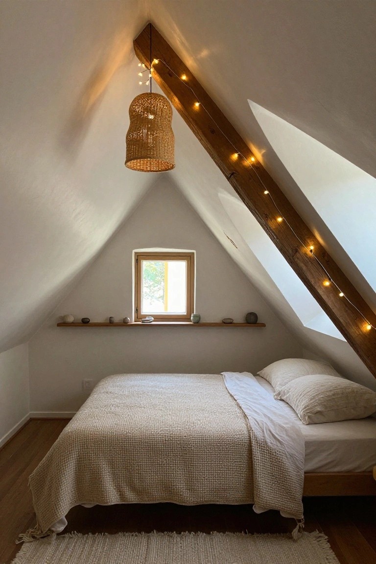Attic bedroom featuring sloped white ceilings with exposed wooden beams strung with fairy lights, rattan pendant lamp hanging from a beam, wooden shelf beside small window holding ceramic pots and stones, platform bed with white linens and textured throw, and woven rug on hardwood floor.