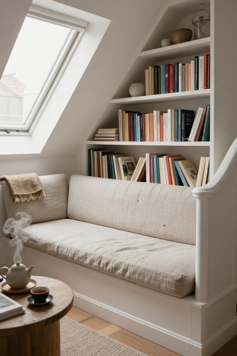 Attic interior with built-in white bookshelves lining sloped walls, a beige linen bench seat, skylight windows, and a wooden side table holding a teapot, cup, and saucer.