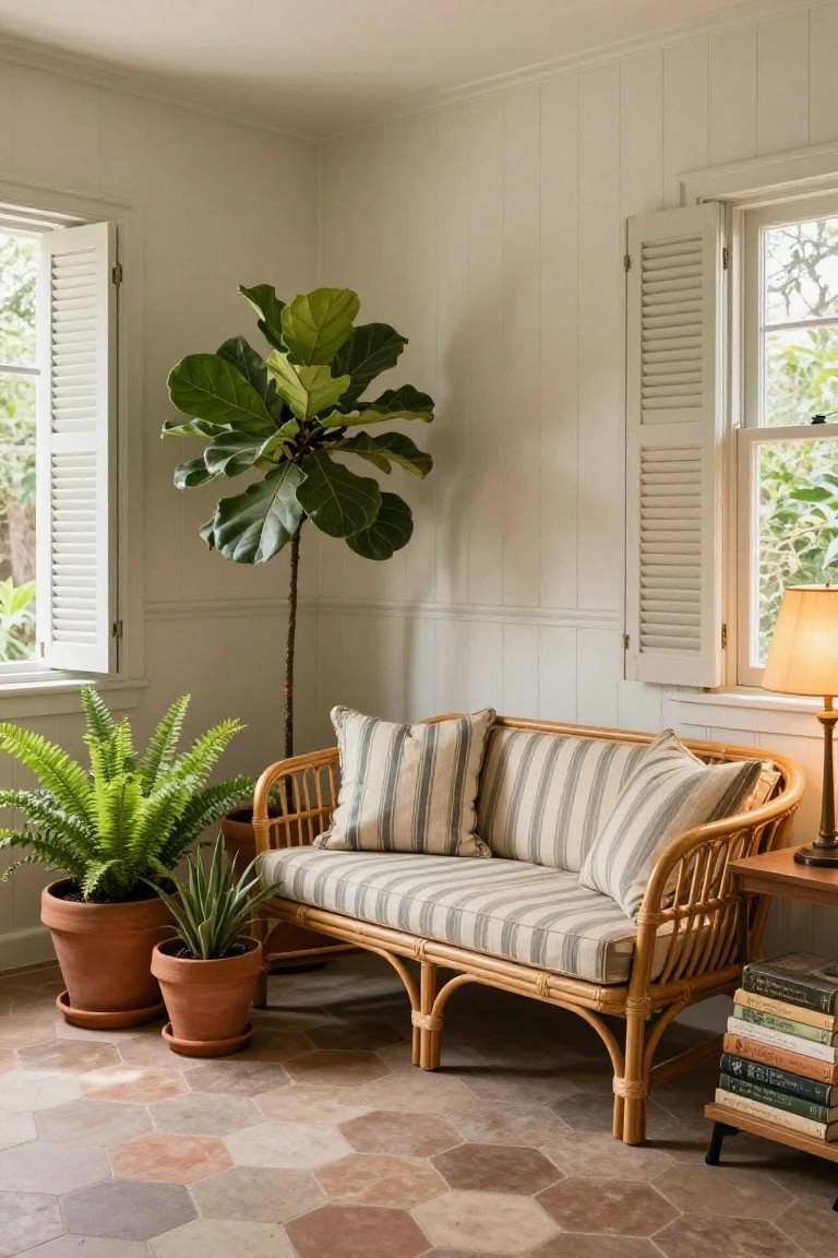 White paneled room corner featuring a curved rattan sofa with striped cushions, large potted fiddle leaf fig and ferns in terracotta pots, shuttered windows, a table lamp, and stacked books on a side table over terracotta tile floor