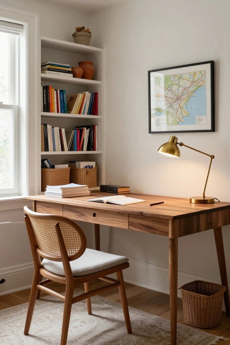 Bright indoor home office corner with wooden desk, rattan chair with white cushion, open white shelves holding books and ceramics, brass desk lamp, stacked papers, and woven baskets on hardwood floor by window.