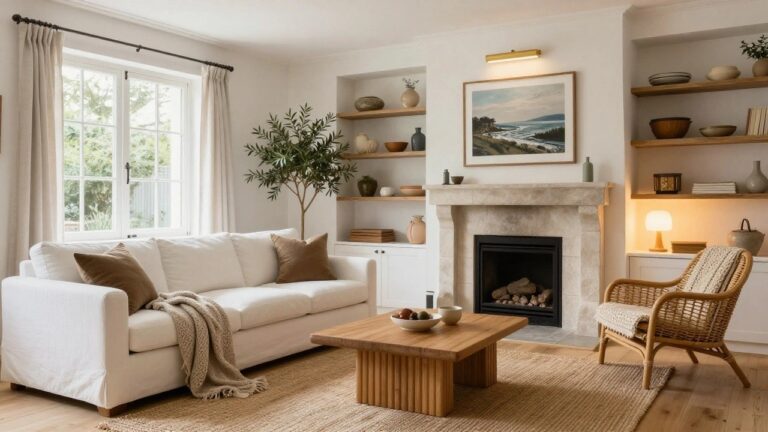 23 Chic Modern Cottage House Interiors For A Fresh Country Feel Sunlit living room with white sofa on seagrass rug, round wooden coffee table, rattan armchair, stone fireplace alcove with shelves holding ceramics and vase, large window with sheer curtains, and potted olive tree.
