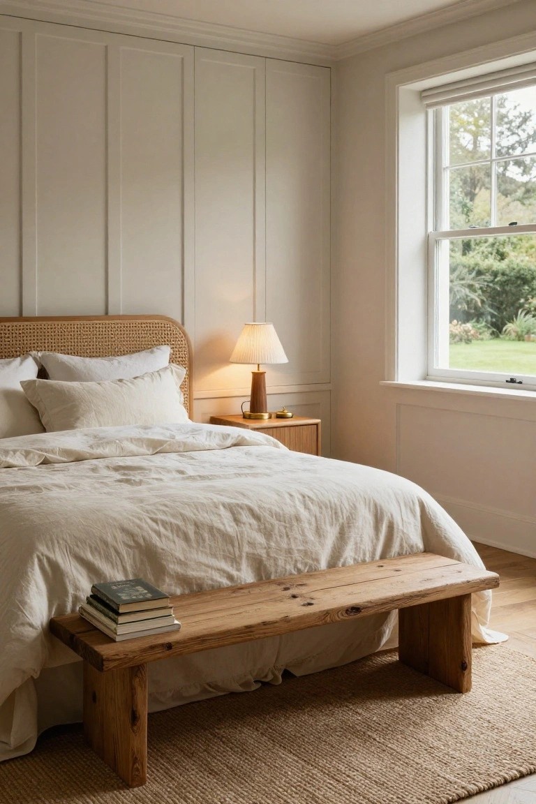 Bedroom with rattan headboard on king bed dressed in white linen sheets and pillows, wooden bench at foot holding stacked books, nightstand with brass lamp, seagrass rug on hardwood floor, white paneled walls, and large window showing garden view.