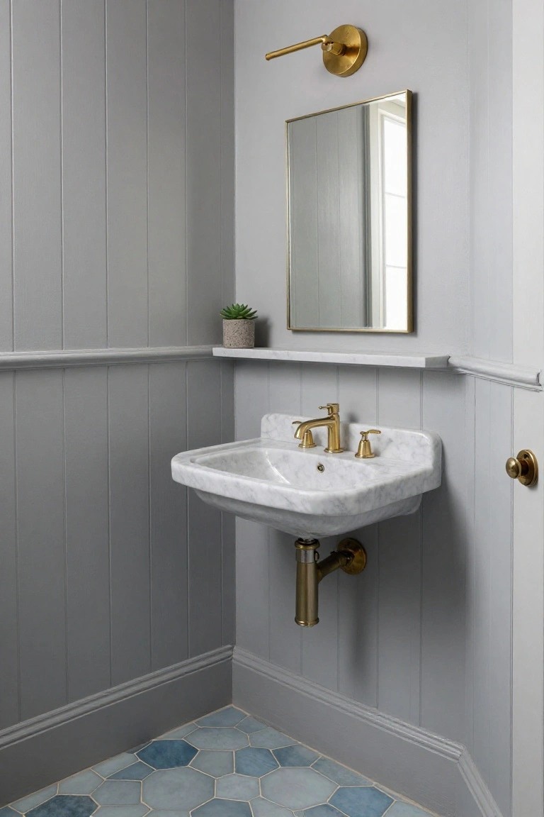 A small bathroom corner with light gray shiplap paneled walls, white marble console sink with brass faucet and handles, brass wall light, gold-framed mirror on shelf with potted succulent, brass door knob, and pale blue hexagonal floor tiles.