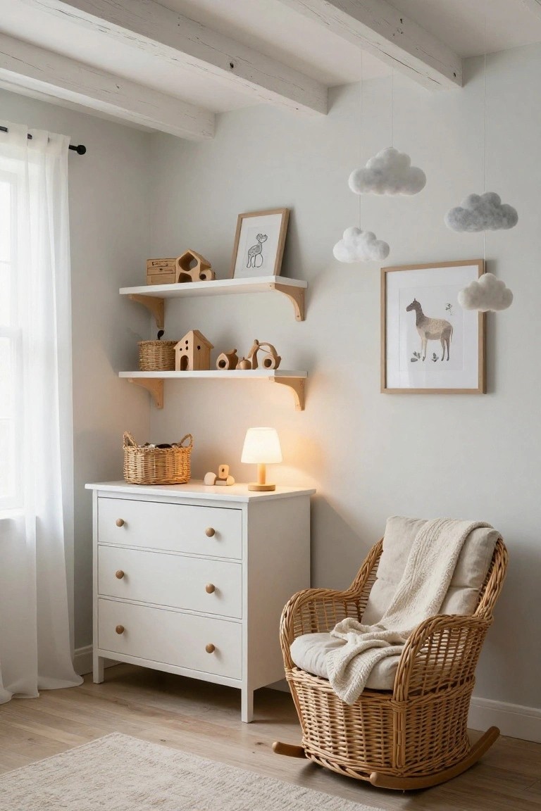 A light nursery with exposed whitewashed wooden beams, open wooden shelves holding toys and mini houses, a white dresser, rattan rocking chair with cream throw, woven basket, table lamp, and hanging cloud decorations.