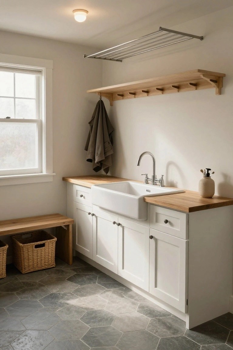 A compact indoor laundry room with white shaker cabinets, oak butcher block countertop on a white farmhouse sink, overhead oak shelf with wooden peg hooks, stainless towel drying rack, wooden bench with woven baskets, and gray hexagonal slate floor tiles.
