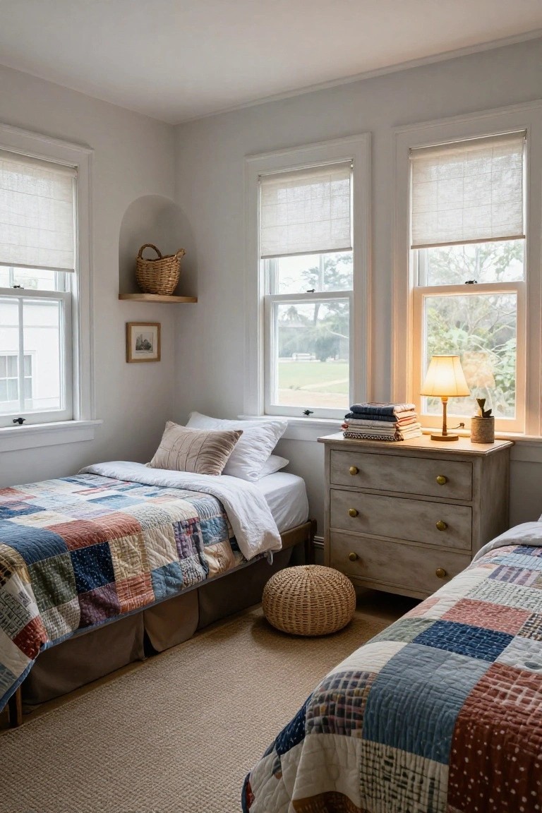 Corner of a white bedroom with two twin beds covered in colorful patchwork quilts, a distressed wood dresser with lamp and stacked fabrics between them, wicker basket stools, large windows with shades overlooking trees and grass, and a beige rug on hardwood floors.